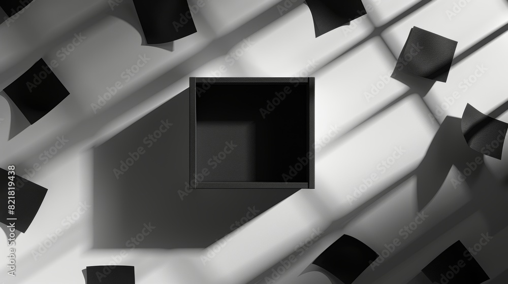 Poster Overlay shadows and open box mock-up with lid top view. Realistic transparent shades setting falling from objects on a floor or wall with soft black edges and corners.