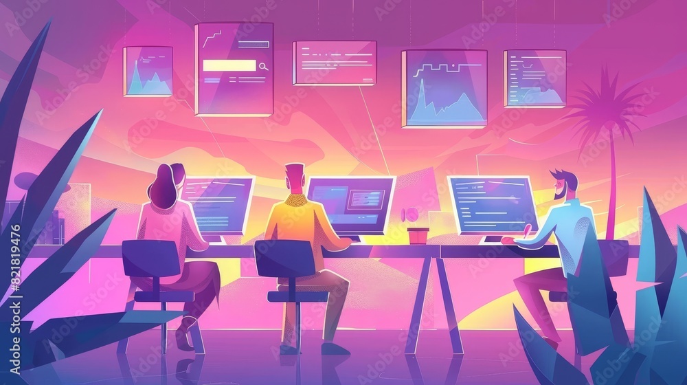 Poster animated digital banners showing a modern day character learning seo from a laptop distance via the 