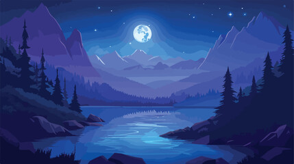 Night river in mountain valley. Vector cartoon illustration
