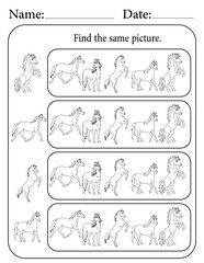 Horse Puzzle. Printable Activity Page for Kids. Educational Resources for School for Kids. Kids Activity Worksheet. Find Similar Shape