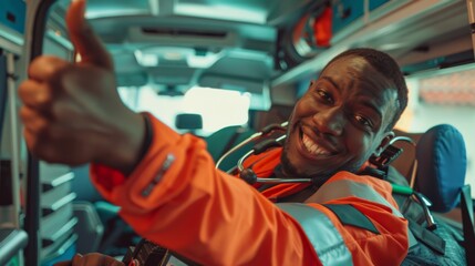 Obraz premium In the ambulance vehicle with an injured male patient, a happy African American paramedic gives a thumbs up while giving the camera a thumbs up.