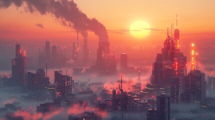 Sunrise over a futuristic factory, depicting the intersection of automobile manufacturing and environmental awareness