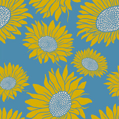 Hand drawn linocut sunflowers on blue background, blooming flowers seamless pattern. Botanical floral linocut textured background.