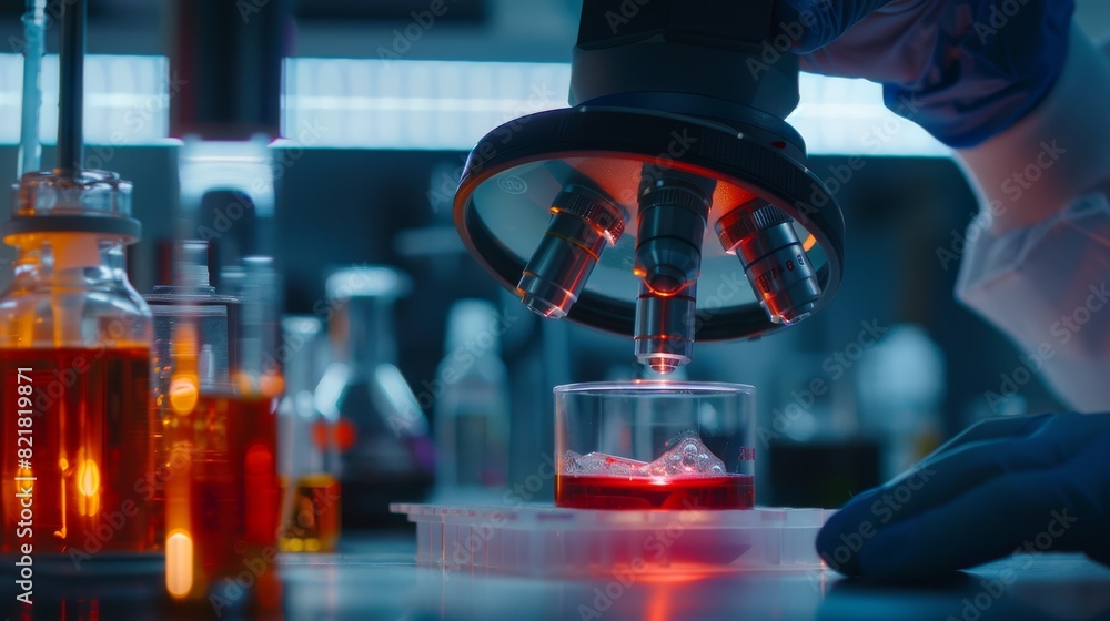 Poster in this image, a gloved hand holds a sample plate in a microscope filled with red liquid. it is part