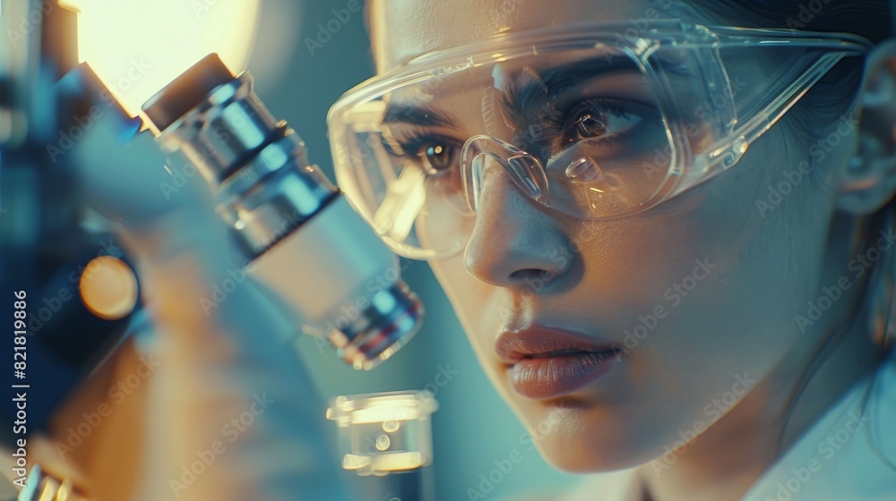 Poster portrait of a beautiful female scientist in goggles looking under a microscope at samples. advanced 
