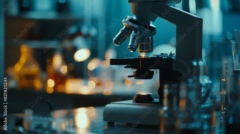 Poster an evening view of a modern laboratory with a close-up shot of a modern digital microscope. in the b