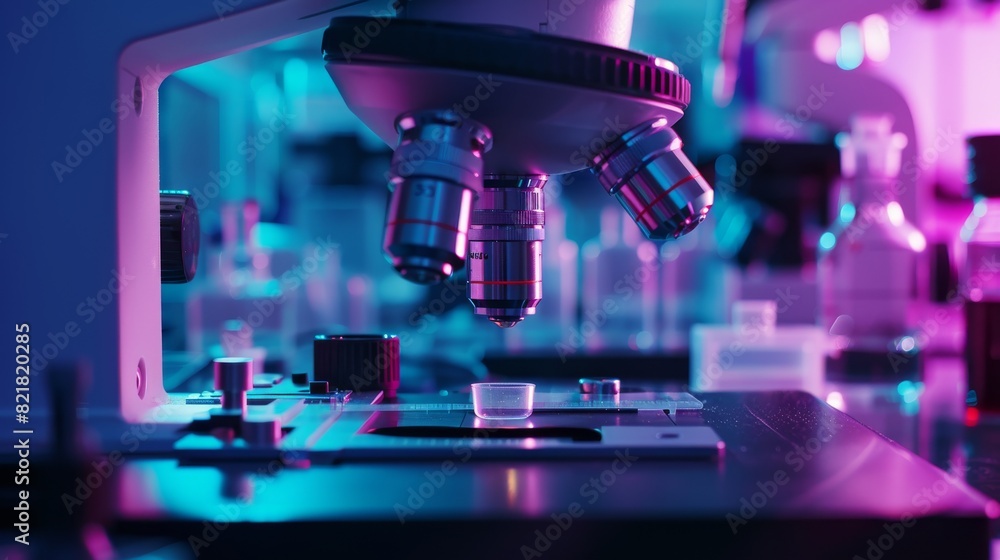 Canvas Prints The background is a clear modern science laboratory in the evening with a close-up shot of a modern digital microscope. In the foreground, doctors are conducting experiments.