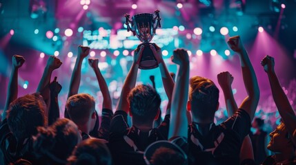Gaming event with gamers and fans in a big championship arena. Winners of the video games tournament cheer and lift the trophy.