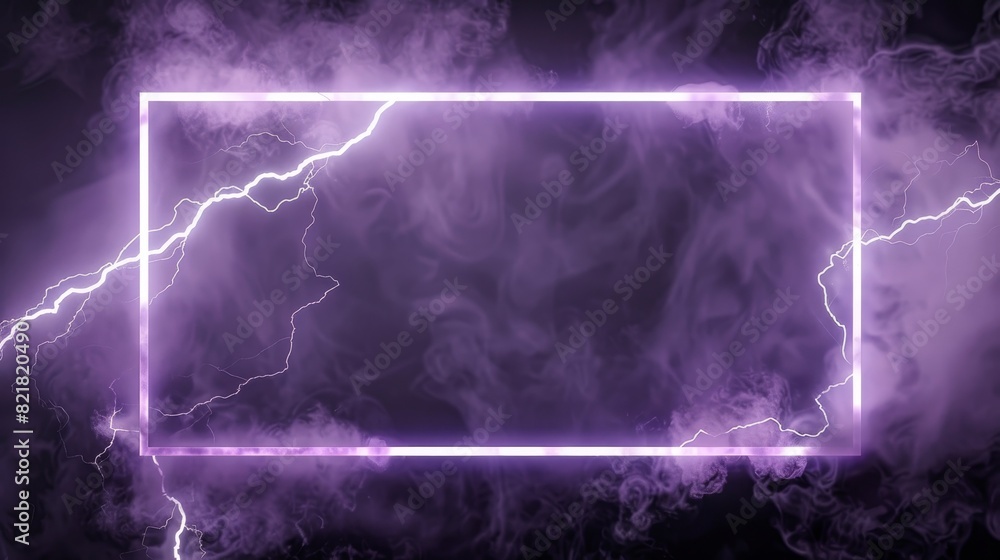 Poster lightning border line with smoke cloud and neon voltage spark. abstract 3d thunderbolt rectangle sha