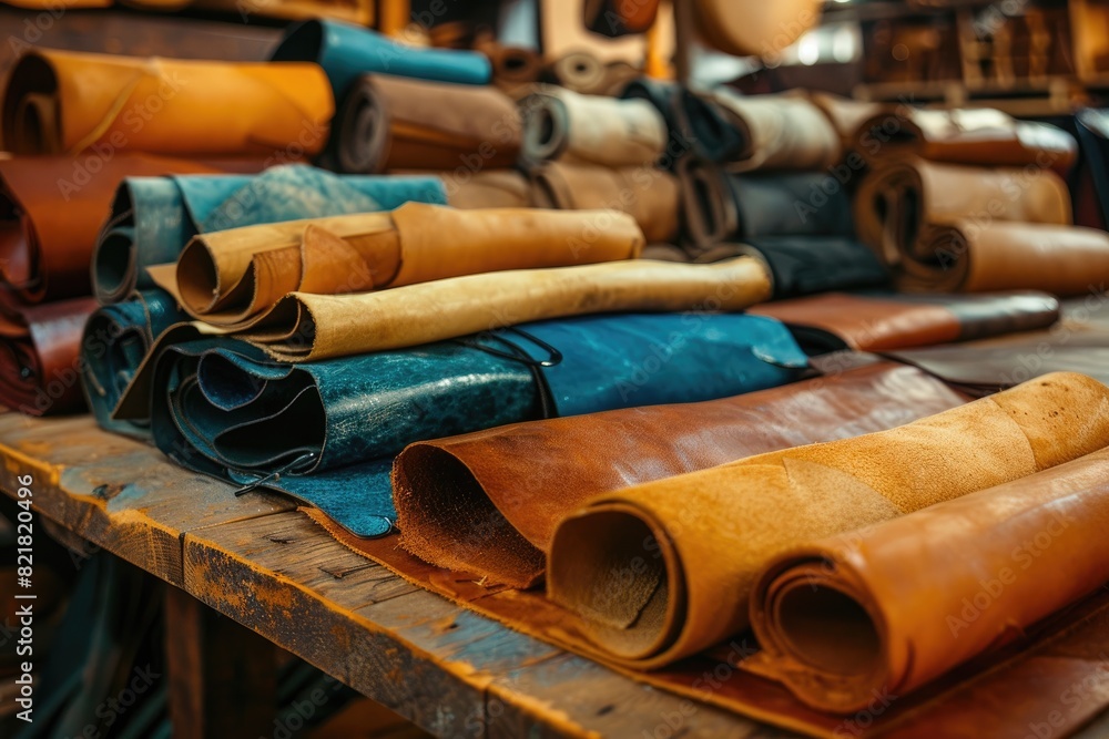 Poster A table full of leather rolls of various colors. The rolls are stacked on top of each other, creating a visually appealing display
