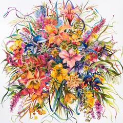 Watercolor painting of an extravagant floral arrangement overflowing with vibrant blooms of all shapes and sizes, interspersed with lush greenery, Generative AI