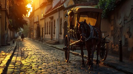 A royal horse carriage on a cobblestone street, bathed in the golden light of dawn. 8k, realistic, full ultra HD, high resolution and cinematic photography