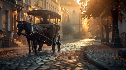 A royal horse carriage on a cobblestone street, bathed in the golden light of dawn. 8k, realistic, full ultra HD, high resolution and cinematic photography