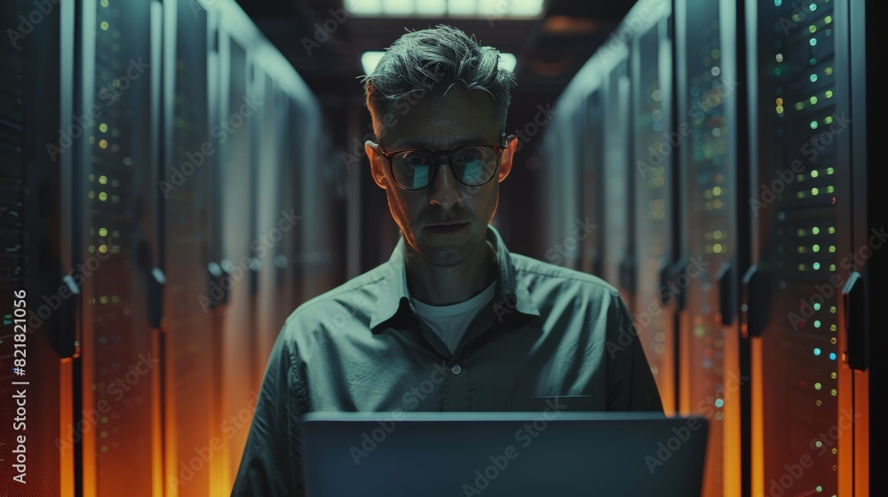 Aufkleber photograph of an it specialist using a laptop in a data center. male system administrator working in