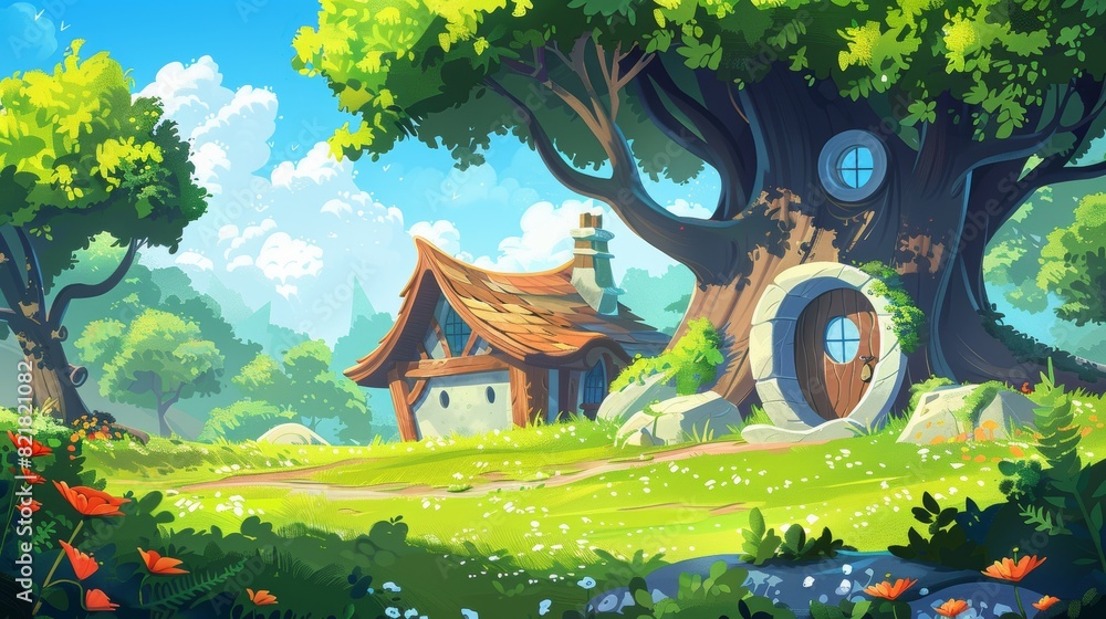 Wall mural gnome house in summer forest. modern cartoon illustration of small wooden hut with round door and wi