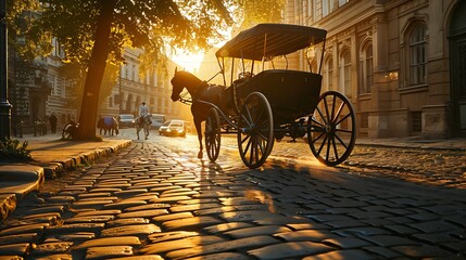 A royal horse carriage on a cobblestone street, bathed in the golden light of dawn. 8k, realistic, full ultra HD, high resolution and cinematic photography