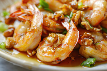 Garlic Butter Shrimp with Green Onions and Chopped Walnuts in a Savory Sauce