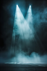Two bright lights shining on a foggy, misty landscape