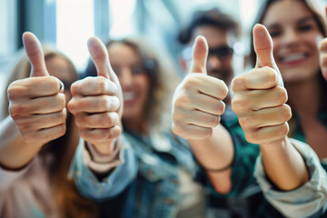 Closeup shot of a group of businesspeople showing thumbs up in an office.