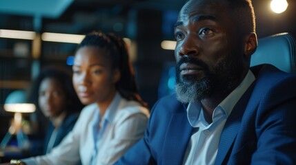 Fototapeta premium Businessman Presents Investment Strategy to Partners in modern multi-ethnic office. Close-up of Businessman Presenting Investment Strategy in modern multi-ethnic office.