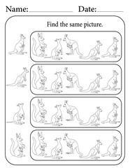 Kangaroo Puzzle. Printable Activity Page for Kids. Educational Resources for School for Kids. Kids Activity Worksheet. Find Similar Shape