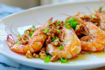 Succulent Garlic Butter Shrimp with Green Onions and Chopped Walnuts on a White Plate