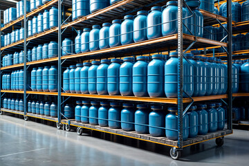 Industrial interior of warehouse storage of chemical liquids on racks and trolley. Liquid blue package storage in warehouse. Concept of industry warehousing and stored of goods. Copy ad text space