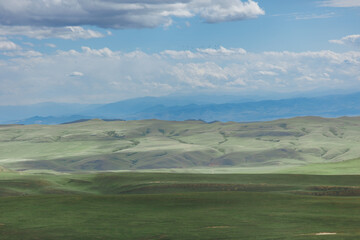 Green field in countryside at sunny day. Beautiful landscape in the mountains. Grassy field and hills. Travel Georgia