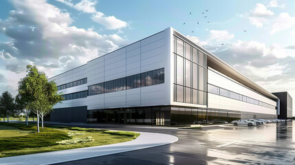Fototapeta premium Modern office and large factory building with sky. generative ai