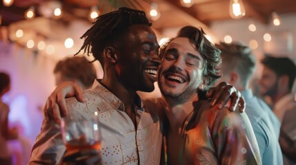 Fototapeta premium The newlyweds enjoying an evening reception with a variety of multiethnic friends. Lesbians enjoying a night out with their couples.