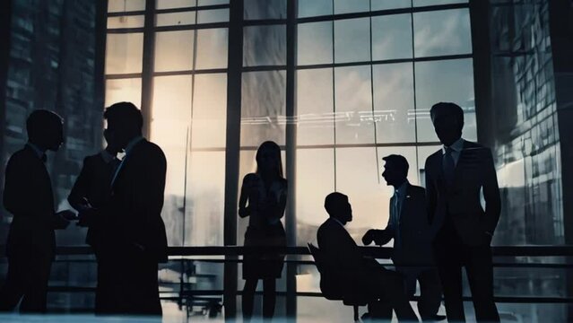 Double exposure image of silhouettes of many business people conference group meeting in city office building in background showing successful partnership in business deal. Concept of teamwork, trust 