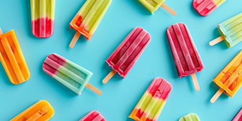 Colorful fruit popsicles arranged on a bright blue background, perfect for summer treats and refreshing snacks imagery.