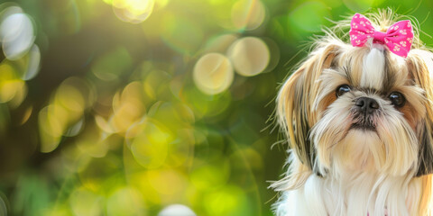 A Shih Tzu with long hair and pink bows looks at the camera against a blurred green backdrop, with room on the right.