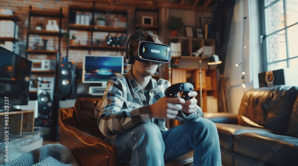 Poster a young man is using vr equipment in his loft apartment and using the controls available with the vr