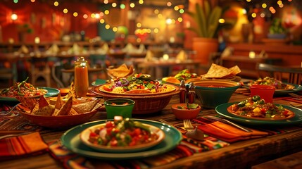 A vibrant restaurant filled with an array of colorful Mexican dishes on a rustic wooden table, surrounded by a festive atmosphere. 