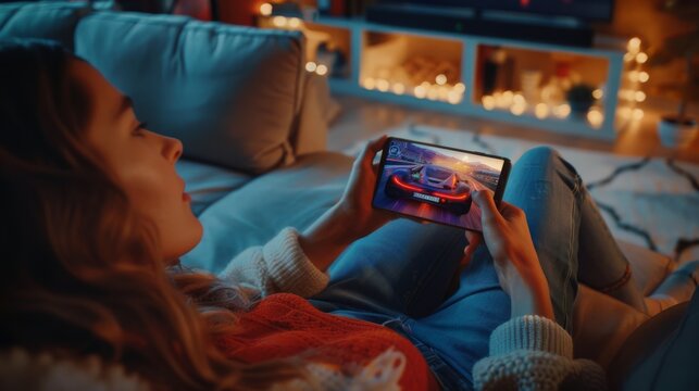 An adult woman is sitting on a couch at home and playing a video game on her smartphone. The player is lying on a couch in the living room as she plays a racing game. A close up POV view of the