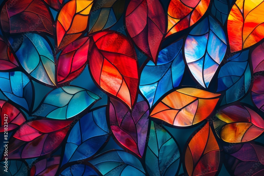 Poster a vibrant abstract background featuring an array of colorful leaves, each leaf rendered in different