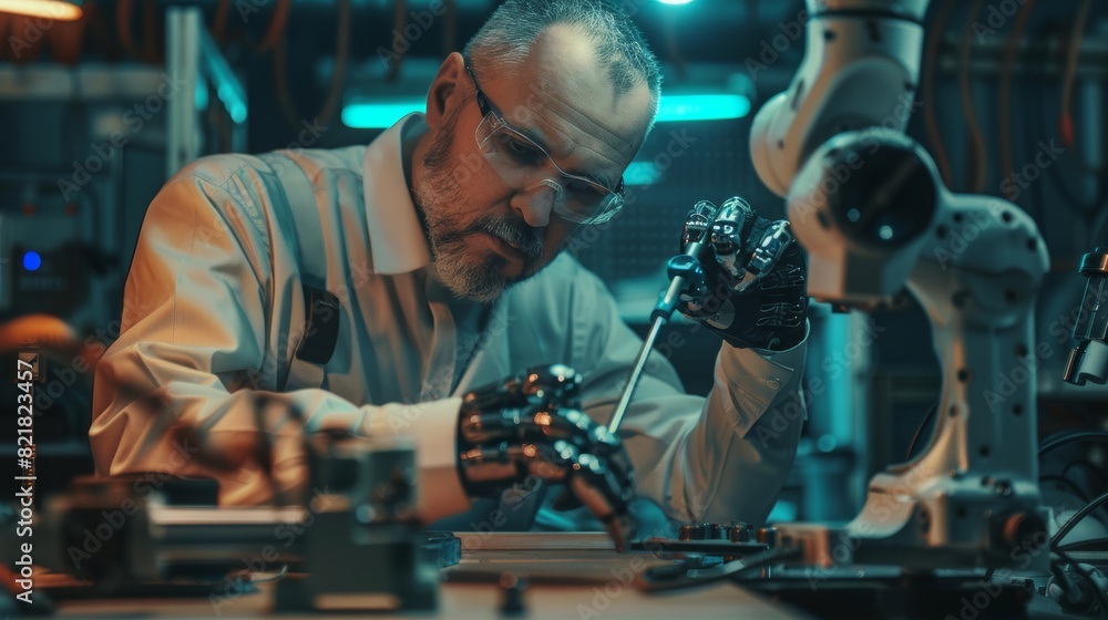 Poster engineer changes robotic hand position using lever. empowered engineer works on creative project. ro