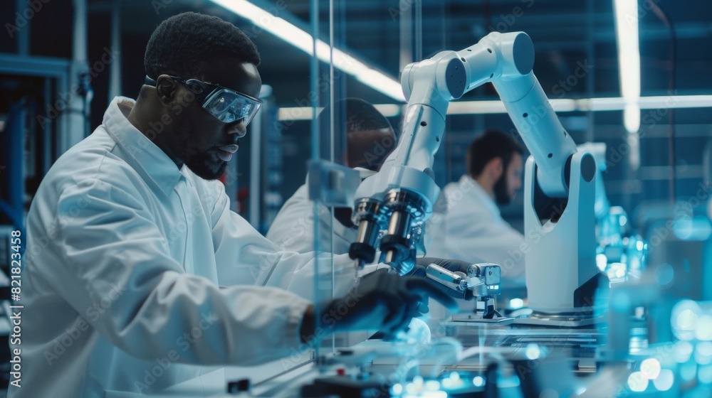 Poster future robotics engineers work on robot arm design under the supervision of black professor in indus
