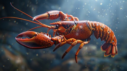 Vibrant close-up of a lobster with detailed claws and antennae in an underwater environment, surrounded by bokeh light effects.