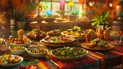 A vibrant restaurant filled with an array of colorful Mexican dishes on a rustic wooden table, surrounded by a festive atmosphere