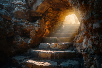 A serene tomb with an open door and light shining through symbolizes a significant event.
