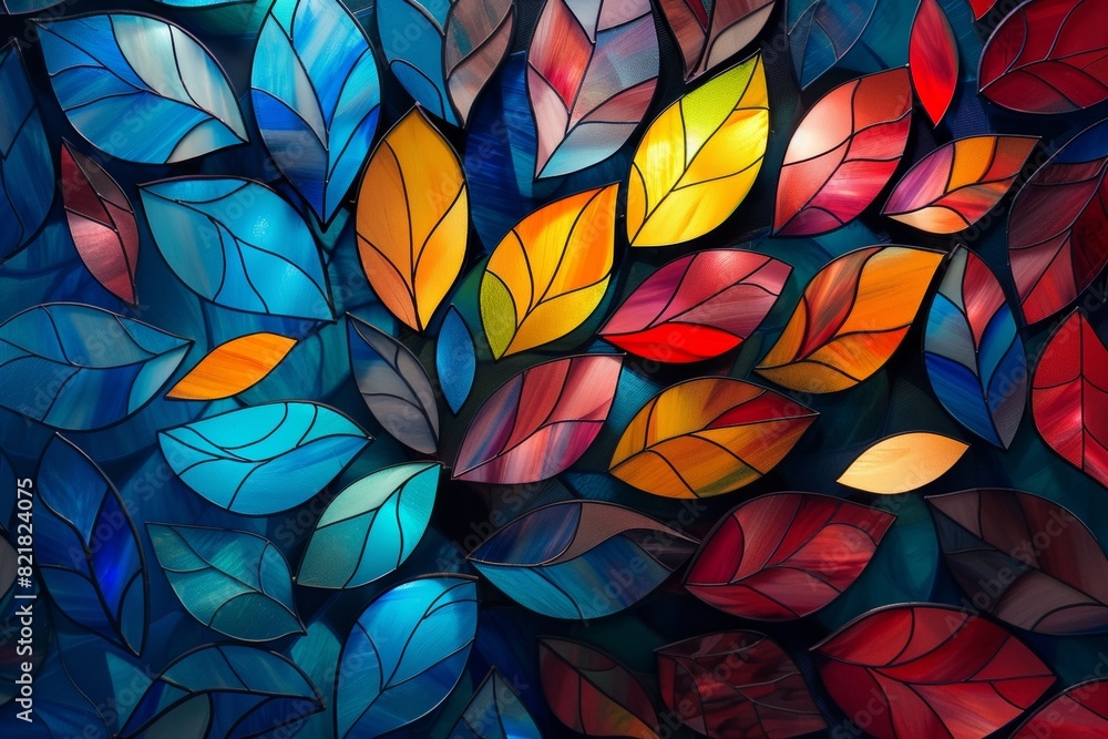 Poster a vibrant abstract background featuring an array of colorful leaves, each leaf rendered in different