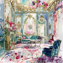  Watercolor painting of an extravagant Rococo-inspired interior with intricate moldings, luxurious fabrics, elaborate furnishings, and decadent, Generative AI