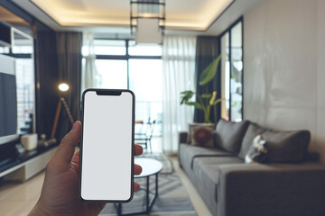 Smart home system app, internet of things concept Hand holding smartphone with blank white screen, modern apartment on background Copy space 