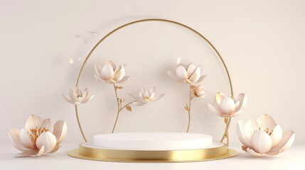 Empty white round podium stage with minimalistic style gold and white colored flowers decoration