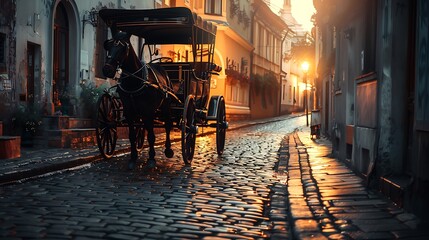 A vintage horse carriage on a cobblestone street at twilight with the last light of day. 8k, realistic, full ultra HD, high resolution and cinematic photography