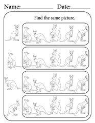 Kangaroo Puzzle. Printable Activity Page for Kids. Educational Resources for School for Kids. Kids Activity Worksheet. Find Similar Shape