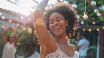 An attractive multicultural female dances and has fun on the front porch of a home. A young woman with a positive and joyful attitude relaxes at a summer garden party.