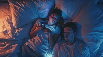 The Top View shows a woman using her smartphone while her partner tries to fall asleep beside her. Couple argues, fights, and scrolls on Facebook in bed at night.